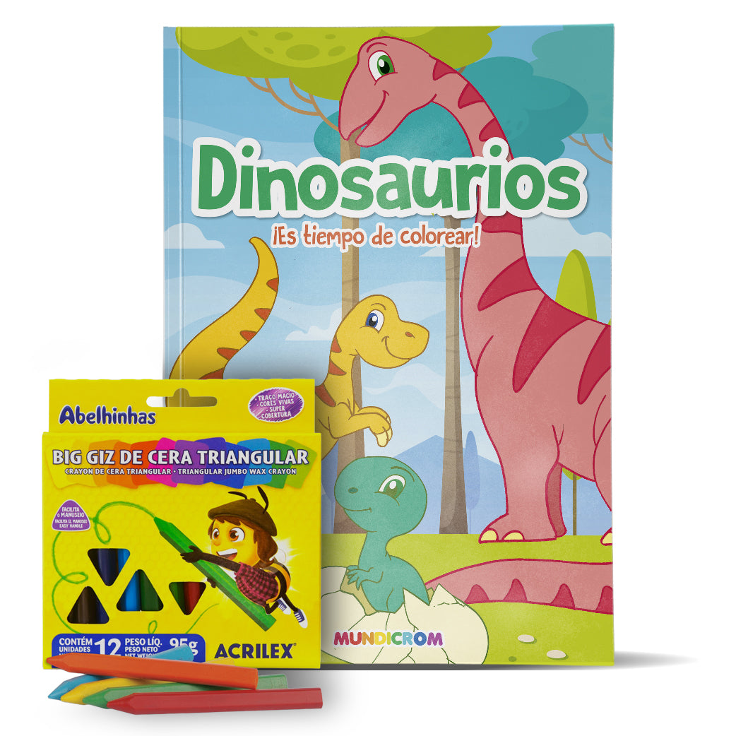 LIBRO DE PINTAR DINOSAURIOS + 12 LÁPICES DE COLORES CERA