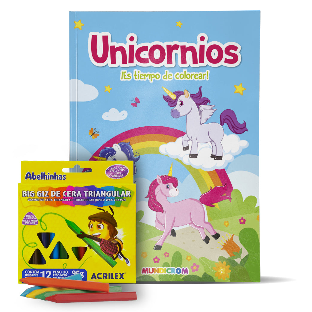 LIBRO DE PINTAR UNICORNIOS + 12 LÁPICES DE COLORES CERA