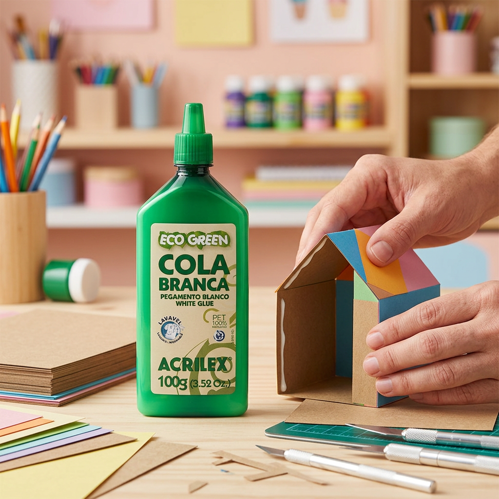 Cola Blanca Acrilex Eco Green 100 g en una escena de armado de una casita de papel