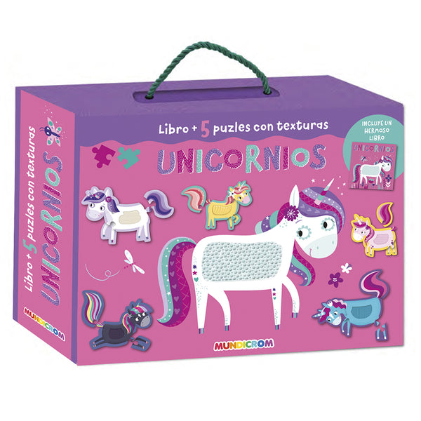 LIBRO + 5 PUZLES CON TEXTURA UNICORNIOS