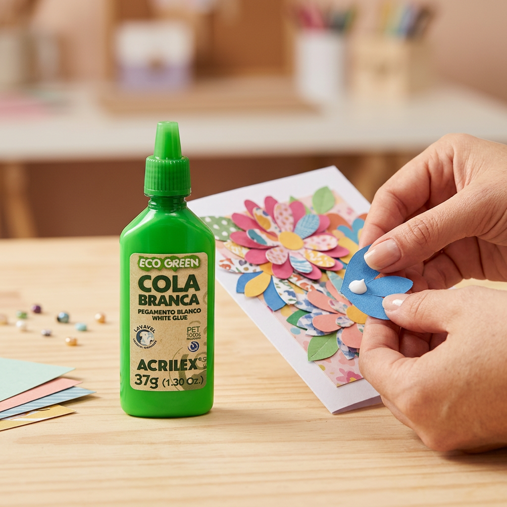 Cola Blanca Acrilex Eco Green en una escena de creación de una tarjeta con flores de papel
