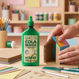 Cola Blanca Acrilex Eco Green 100 g en una escena de armado de una casita de papel