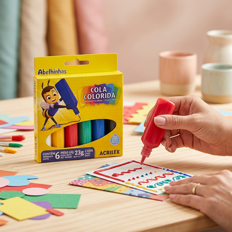 Estuche Acrilex Cola Colorida de 6 colores en una escena de manualidades con cartulina