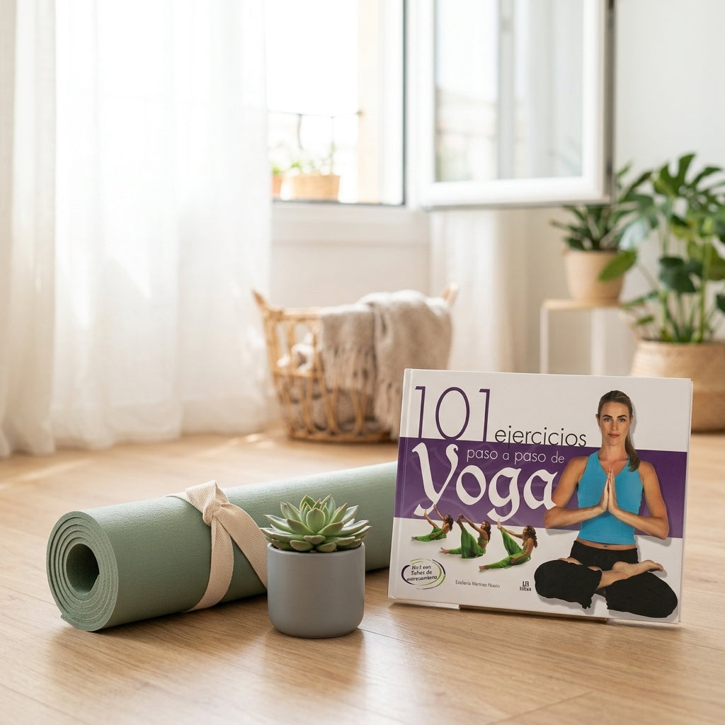 Instructional yoga book with integrated easel stand — Home Yoga Sanctuary | Generated by Modelize